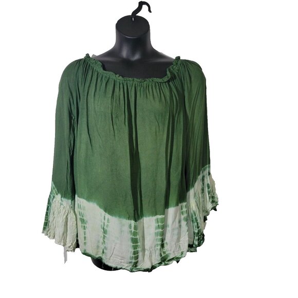 Bella Moda Green Size 1X Viscose Off the Shoulder Shirt Bohemian Fairy Rodeo - Picture 1 of 11